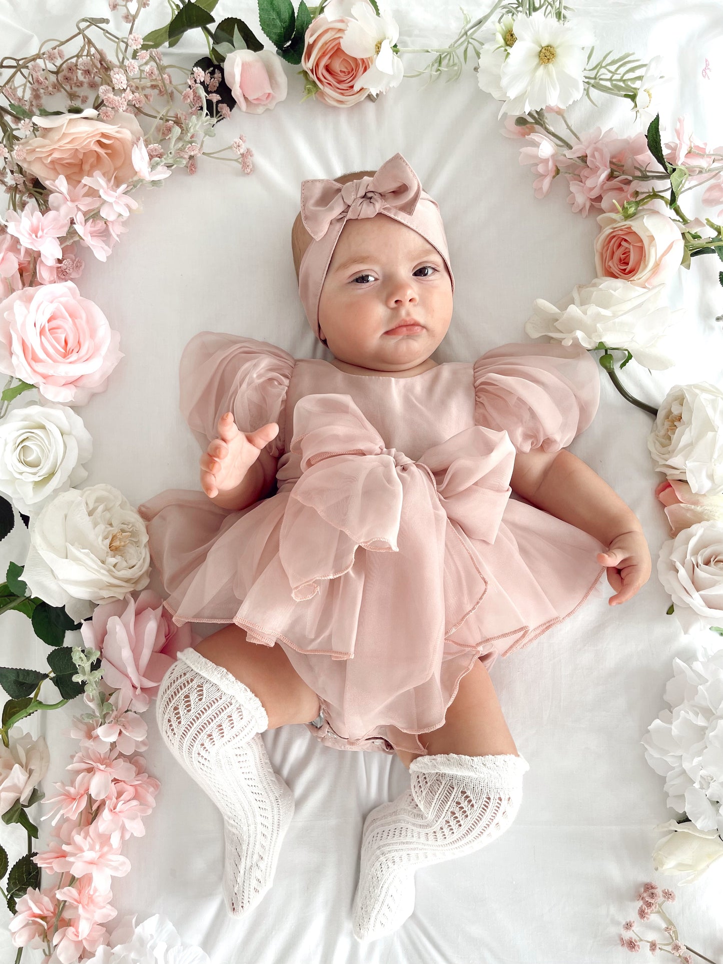 Clementine Matte Blush Rose Pink Organza Baby Girl Romper