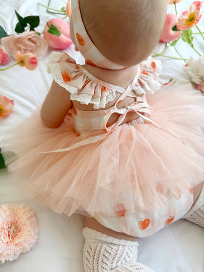 Peach Sorbet Gingham Baby Girl Tulle Party Romper