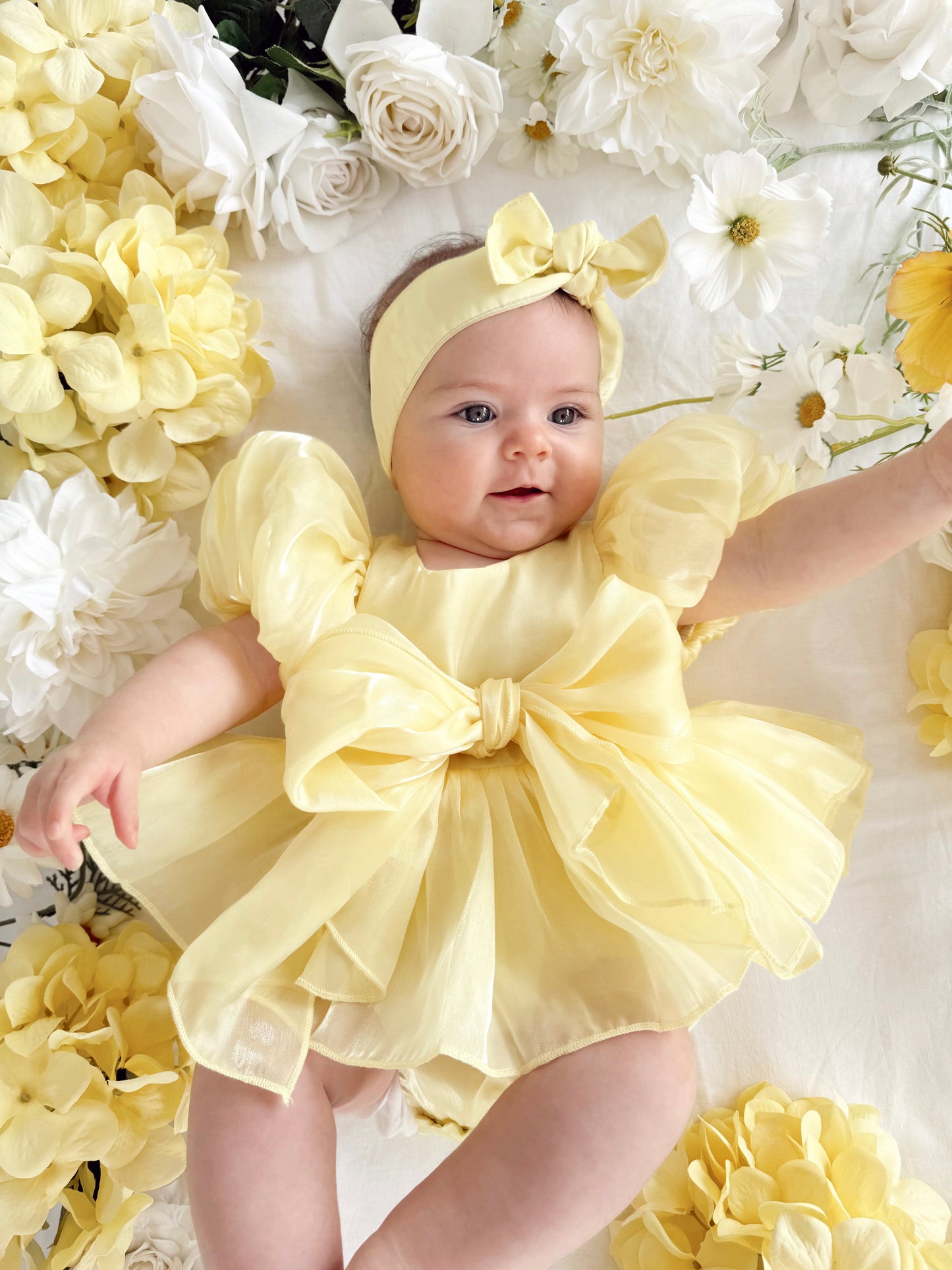 Scarlette Rose Canary Lemon Organza Baby Girl Party Romper