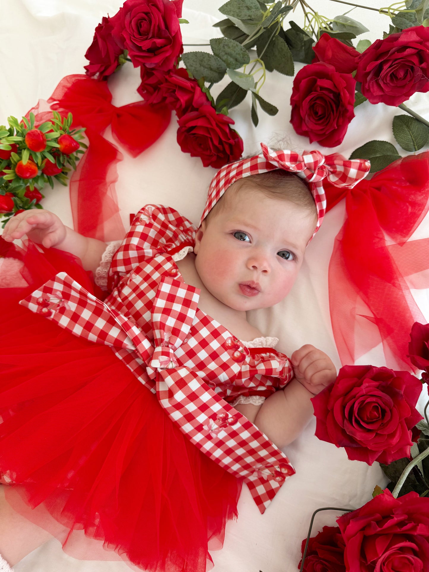 Cherry Lane Red Gingham Baby Girl Tulle Party Romper