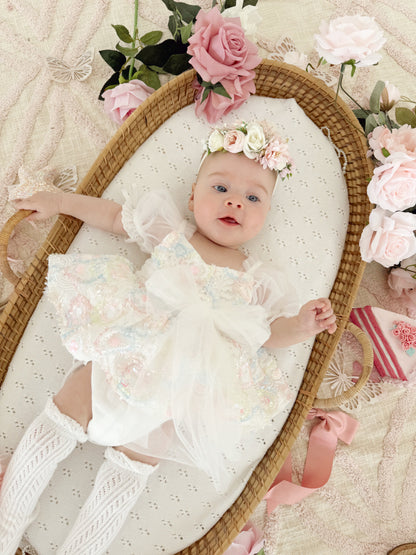 Josephine Lace Blossom Baby Girl Sequin White Tulle Party Romper