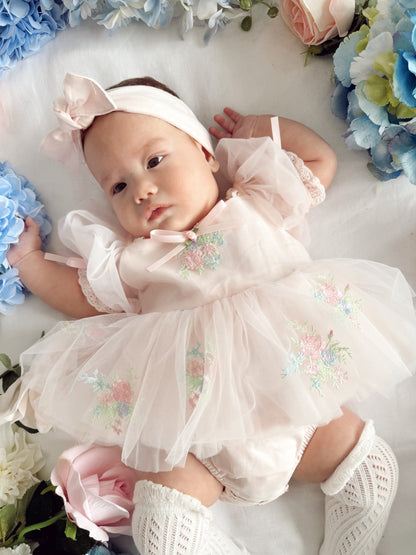 Peony Bloom Petal Pink Embroidered Baby Girl Tulle Party Romper