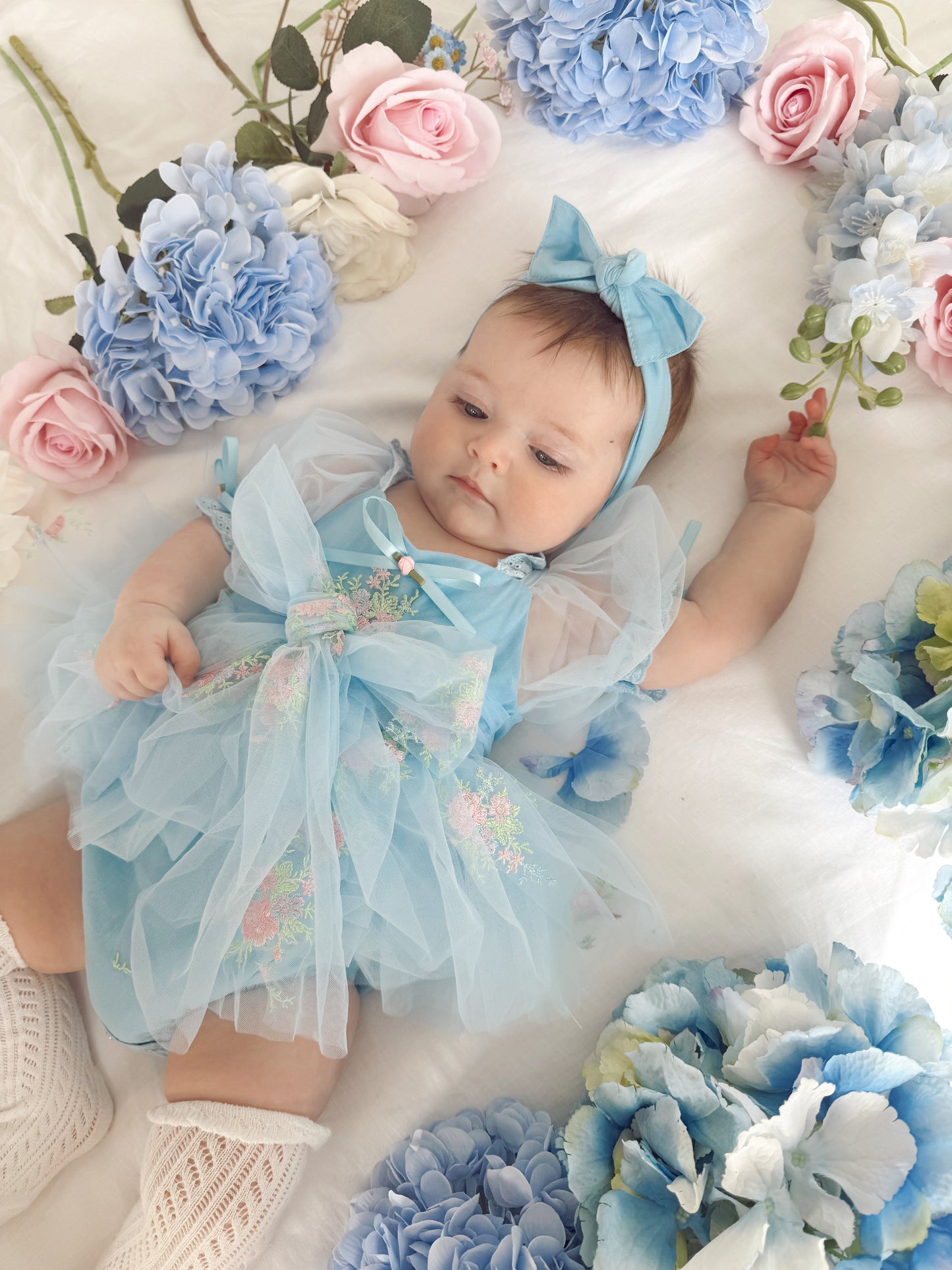 Afina Blue Embroidered Baby Girl Tulle Party Romper