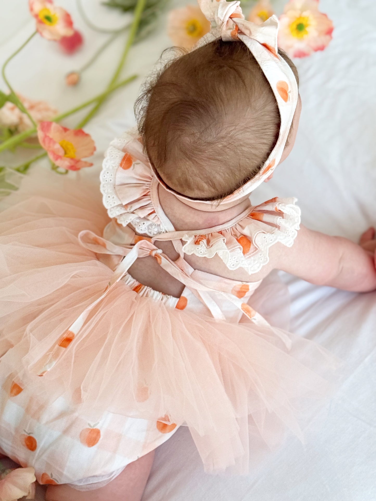 Peach Sorbet Gingham Baby Girl Tulle Party Romper