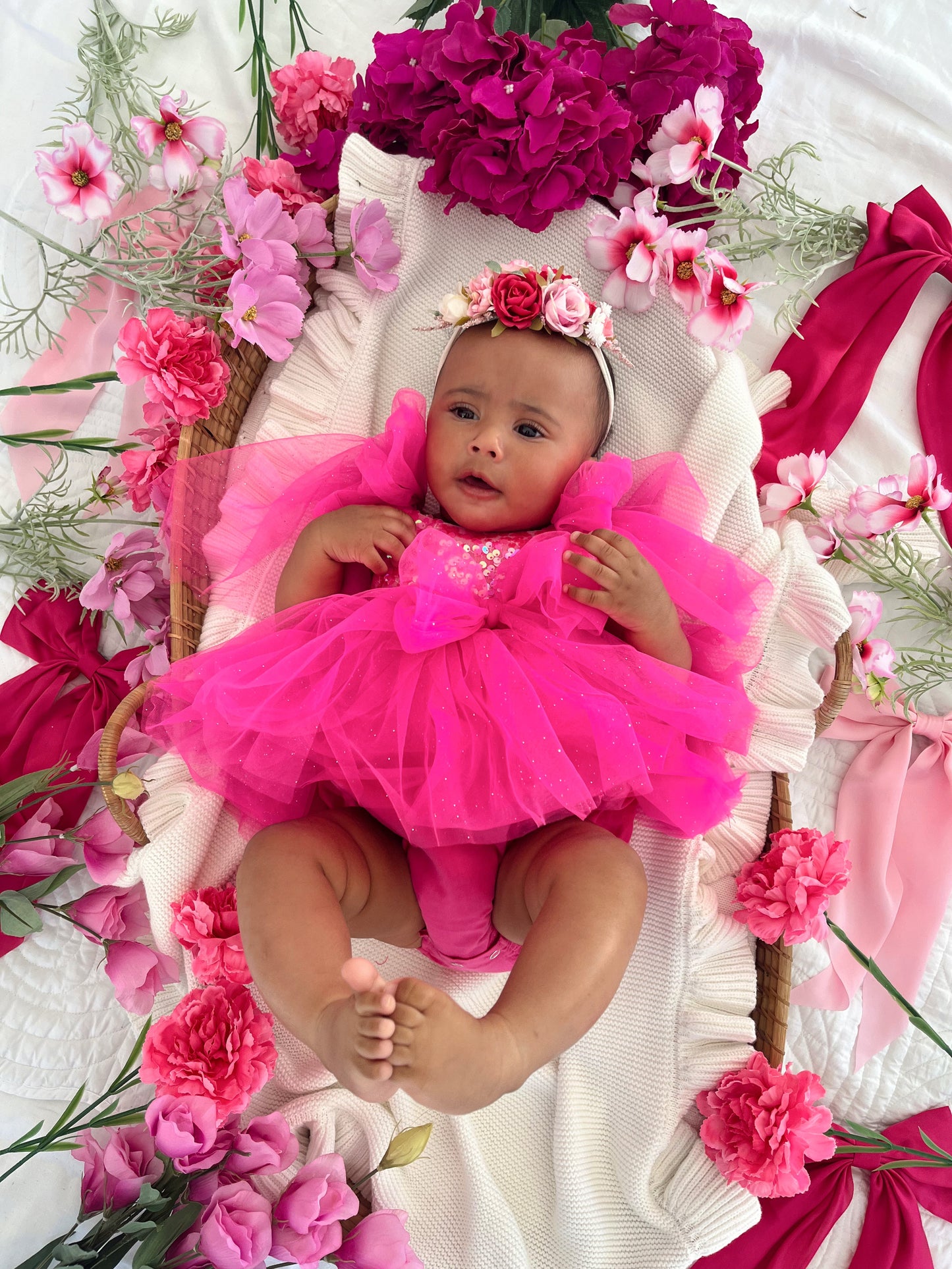 Theodora Fuchsia Pink Sequin Baby Girl Tulle Party Romper