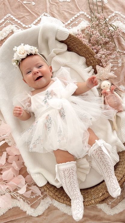 Swan Lake White Embroidered Baby Girl Tulle Party Romper