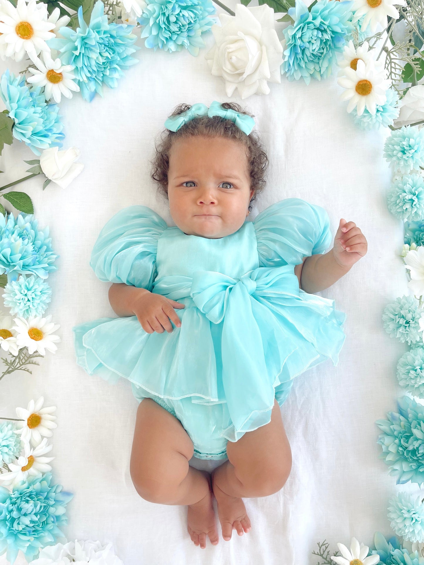 Dolly Turquoise Sky Organza Baby Girl Blue Party Romper