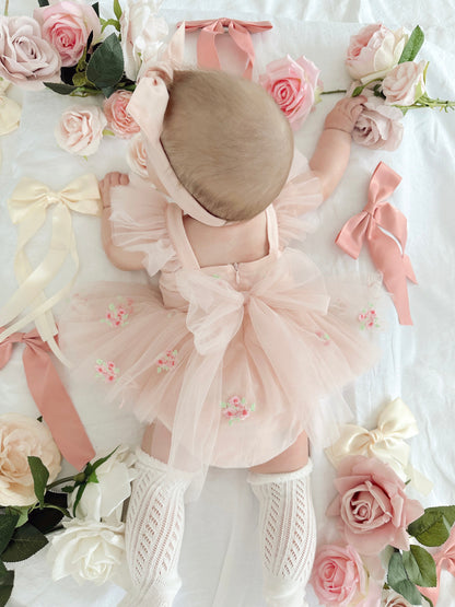 Belle Bow Perfect Pink Embroidered Baby Girl Tulle Party Romper