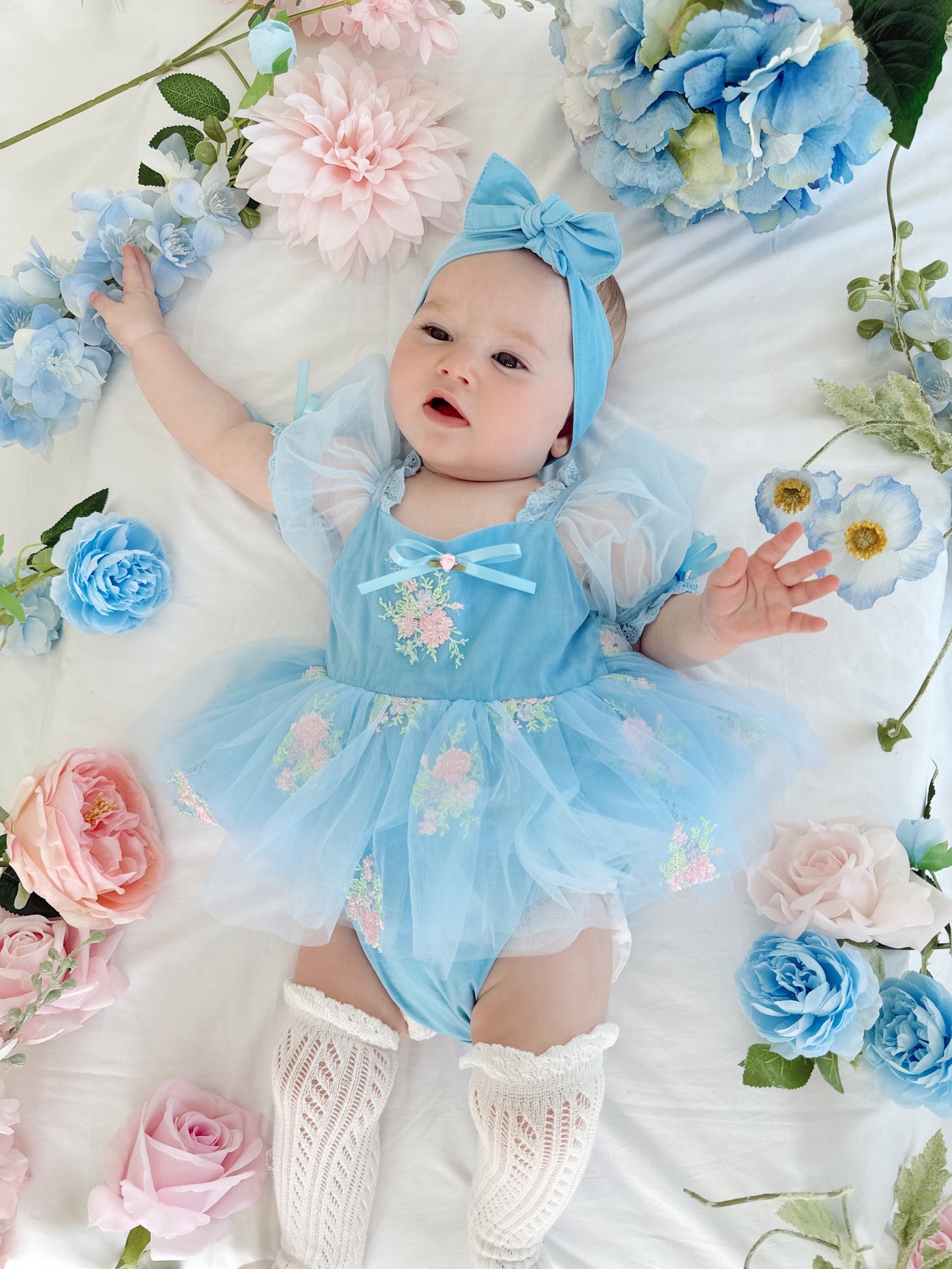 Afina Blue Embroidered Baby Girl Tulle Party Romper