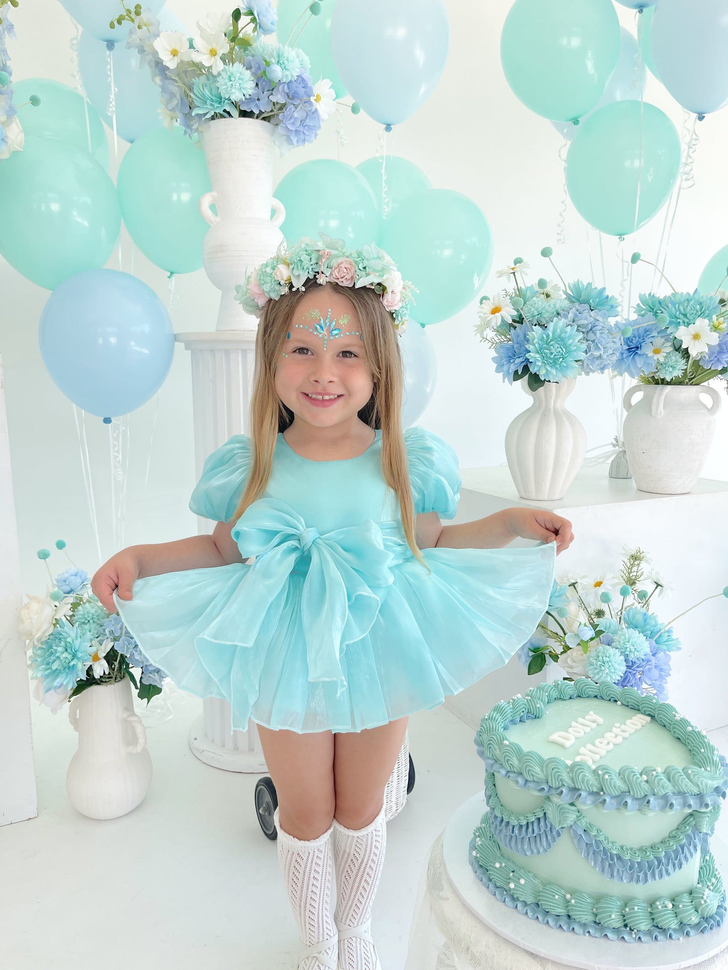 Dolly Turquoise Sky Organza Baby Girl Blue Party Romper
