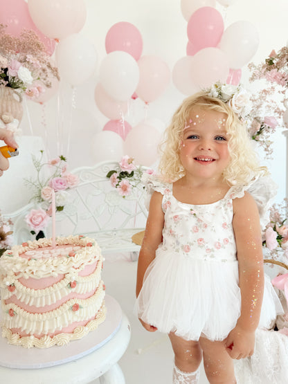Cottage Fairy Baby Girl Floral White Tulle Party Romper