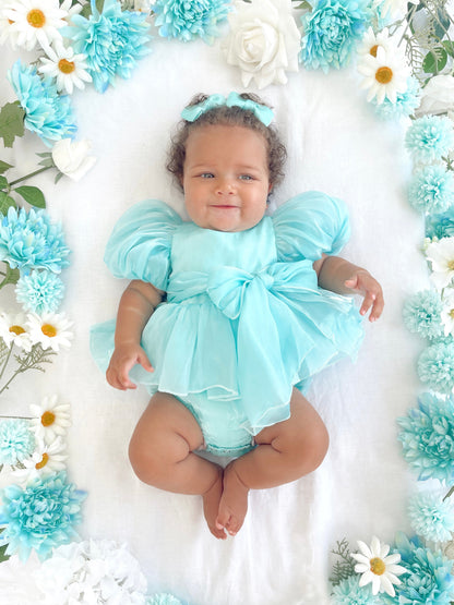 Dolly Turquoise Sky Organza Baby Girl Blue Party Romper