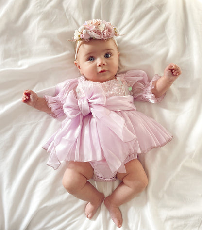 Ariel Purple Pearl Organza Sequin Baby Girl Party Romper