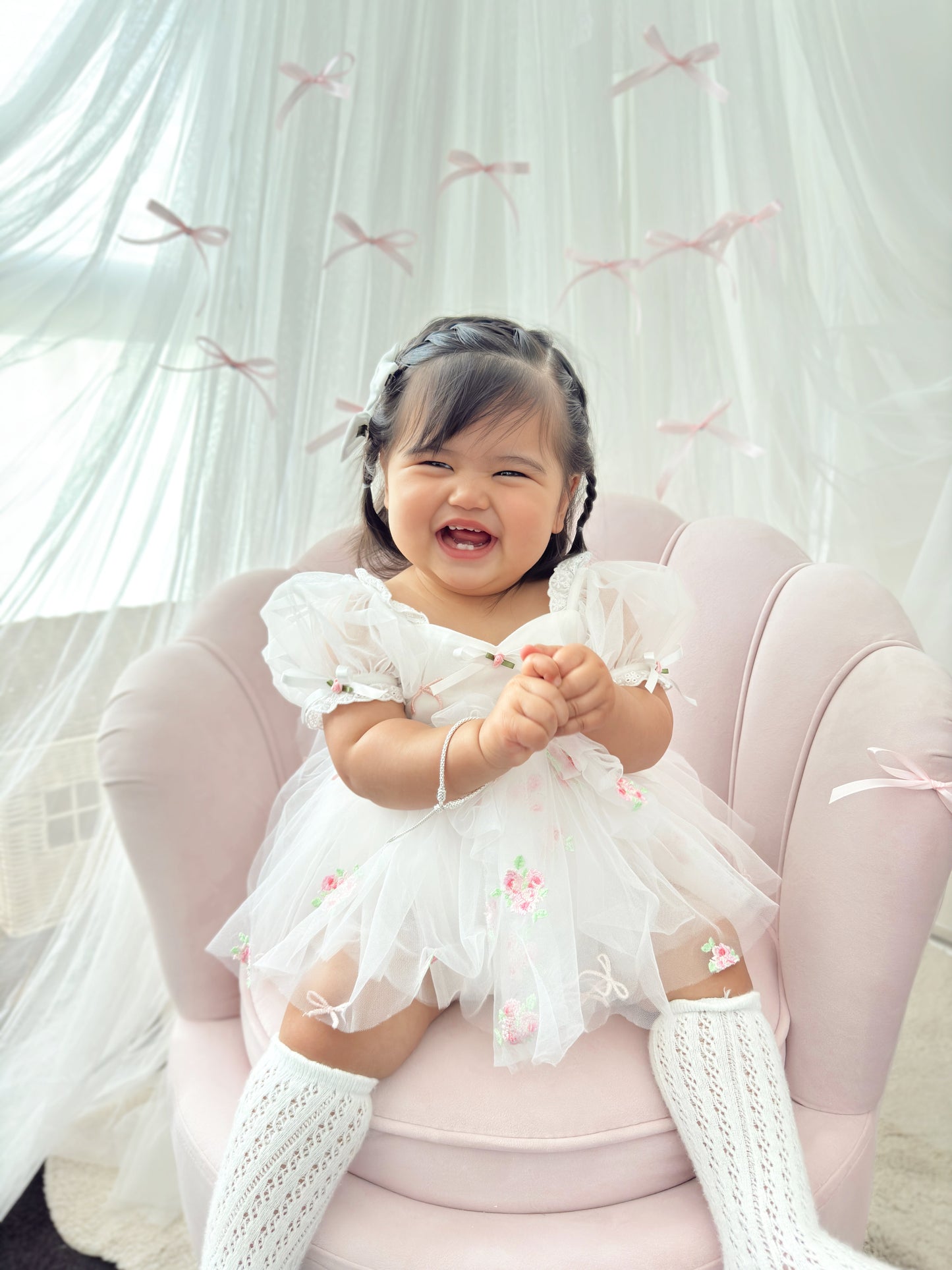 Fleur Butterfly Embroidered Baby Girl White Tulle Party Romper
