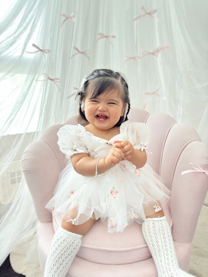 Fleur Butterfly Embroidered Baby Girl White Tulle Party Romper