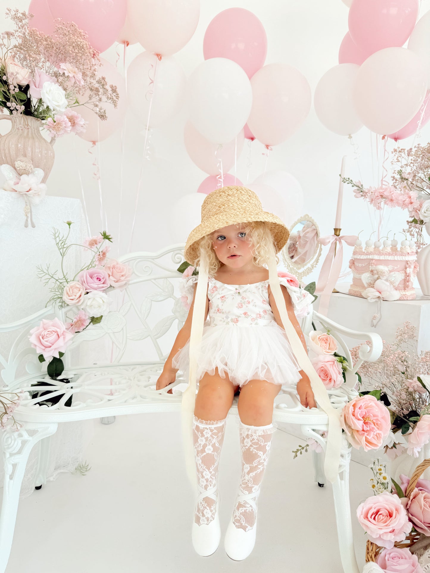 Cottage Fairy Baby Girl Floral White Tulle Party Romper