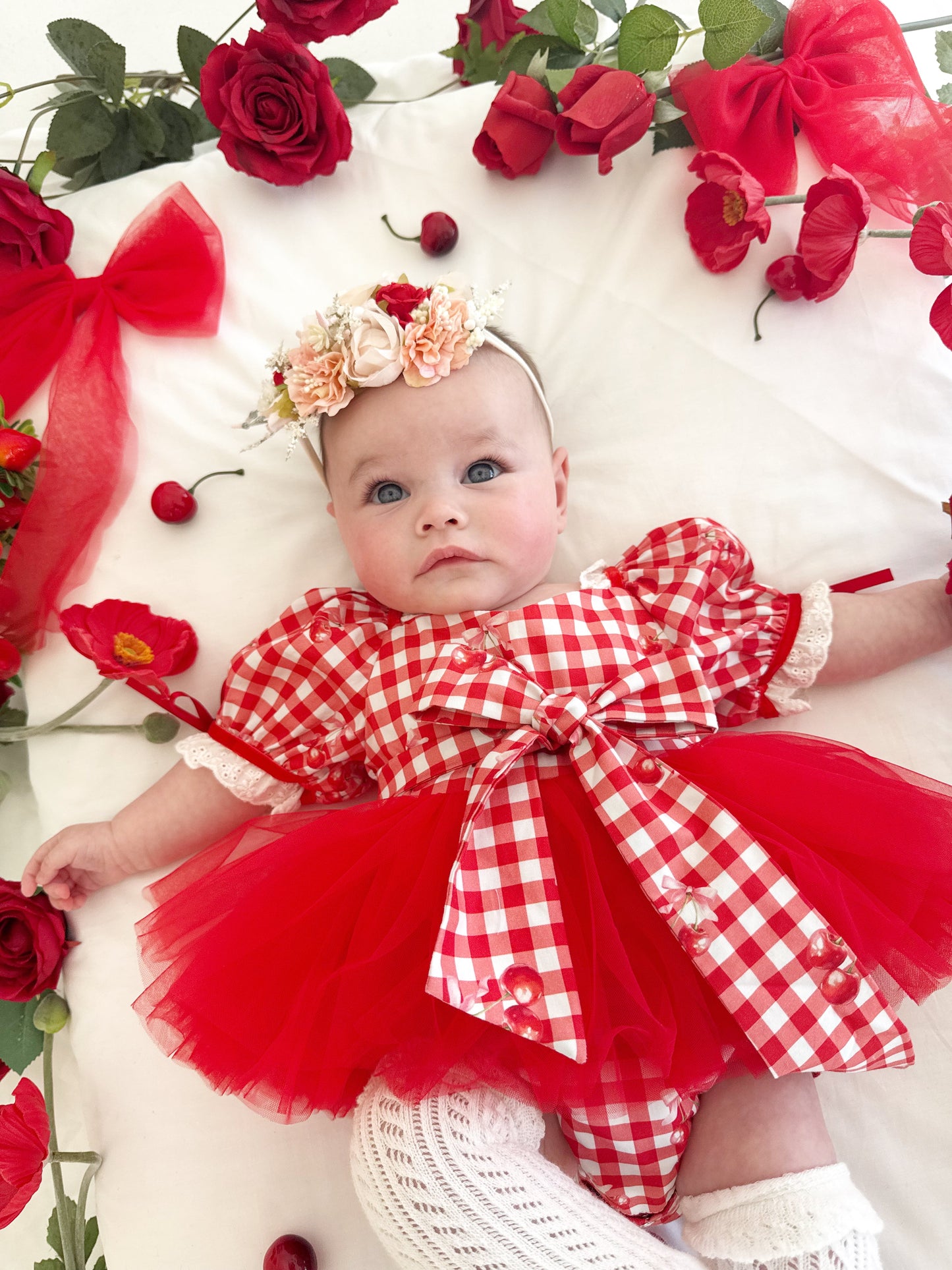 Cherry Lane Red Gingham Baby Girl Tulle Party Romper