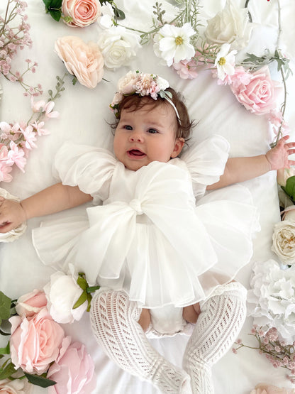 Clementine Matte White Organza Baby Girl Romper