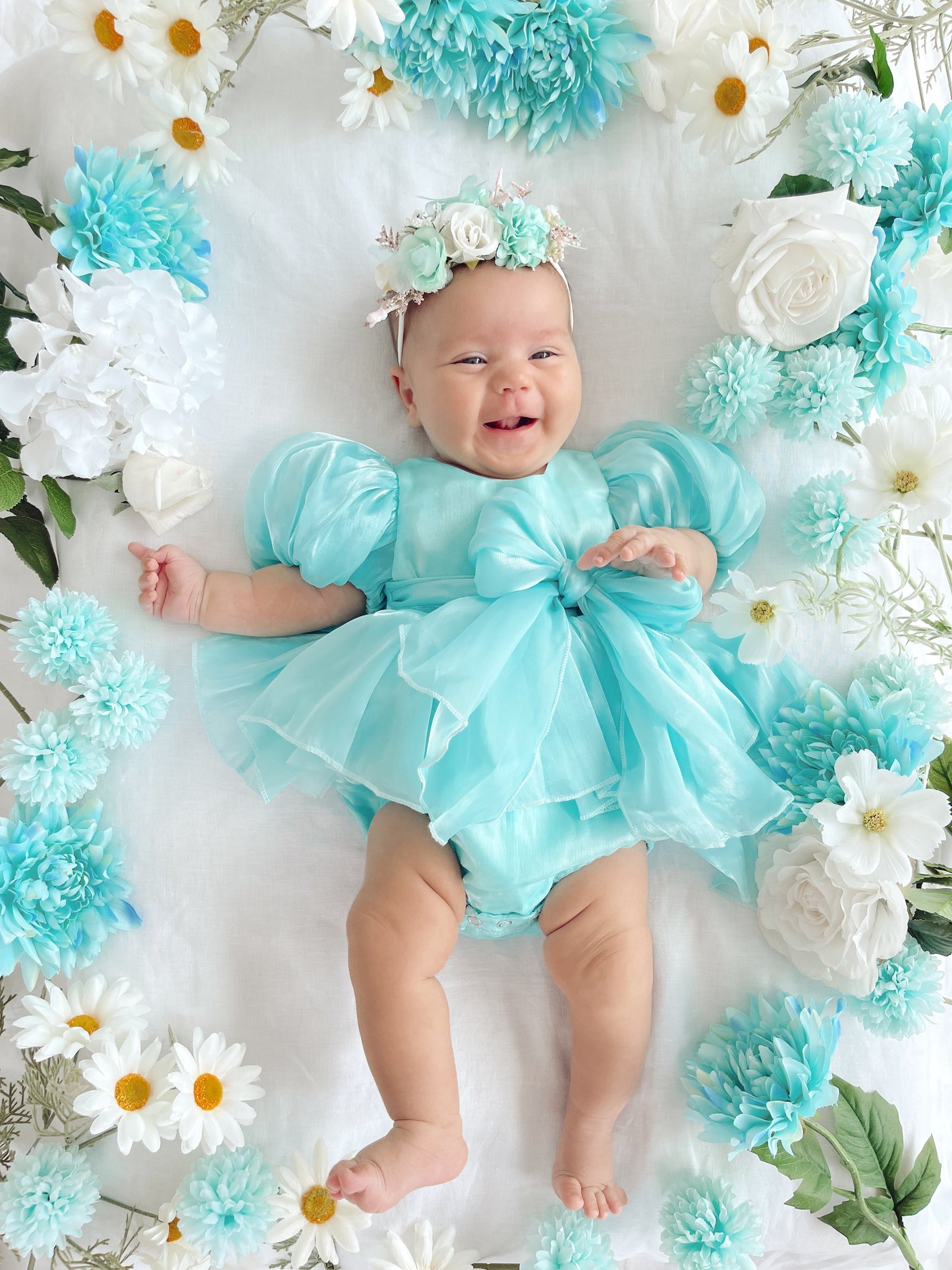 Dolly Turquoise Sky Organza Baby Girl Blue Party Romper