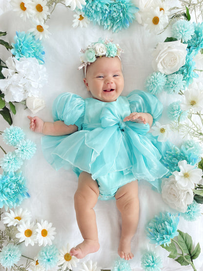 Dolly Turquoise Sky Organza Baby Girl Blue Party Romper