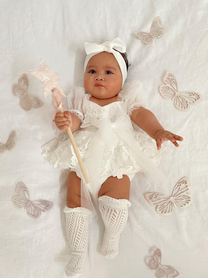 White Butterfly Kisses Baby Girls Embroidered Tulle Romper