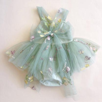 Sugar Plum Forest Green Baby Girl Tulle Party Romper