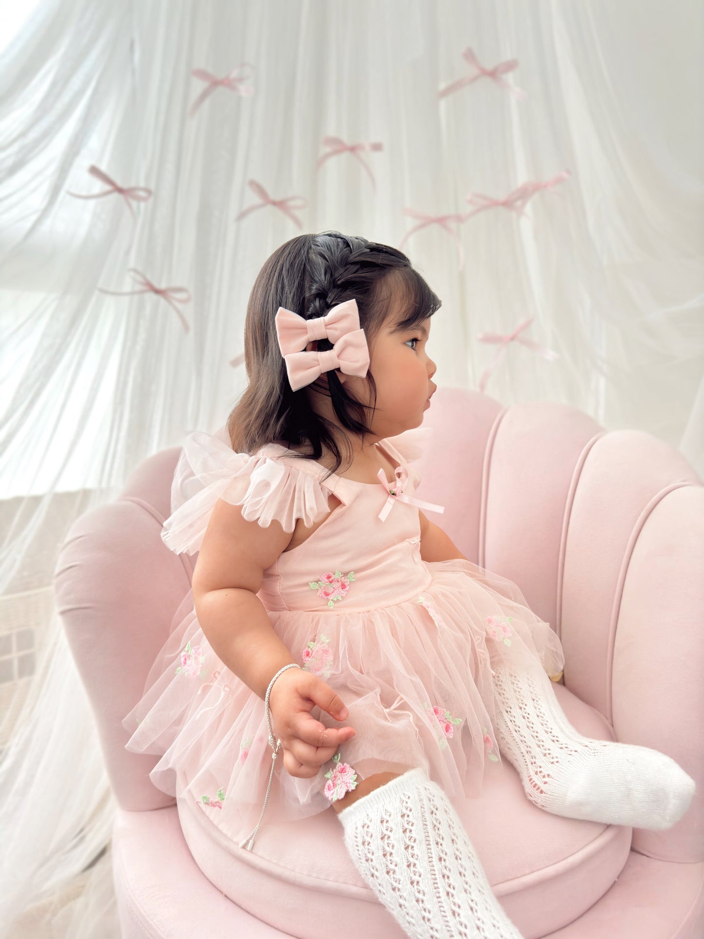 Belle Bow Perfect Pink Embroidered Baby Girl Tulle Party Romper