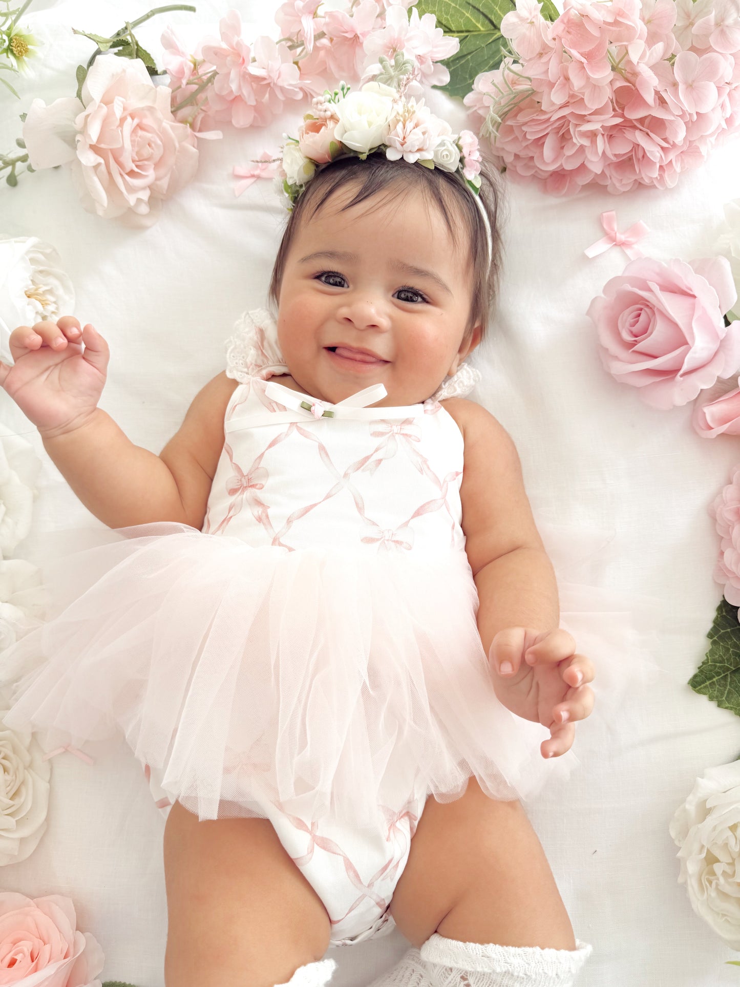 Rosette Pink Bow Baby Girl Tulle Party Romper