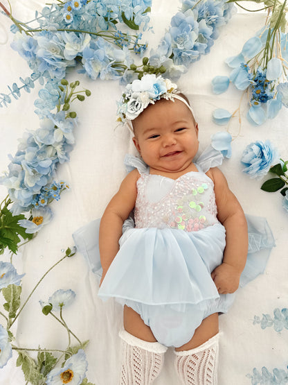 Ariel Ocean Blue Organza Sequin Baby Girl Party Romper
