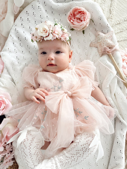 Swan Lake Ballerina Pink Embroidered Baby Girl Tulle Party Romper