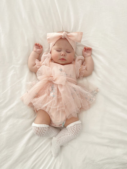 Swan Lake Ballerina Pink Embroidered Baby Girl Tulle Party Romper