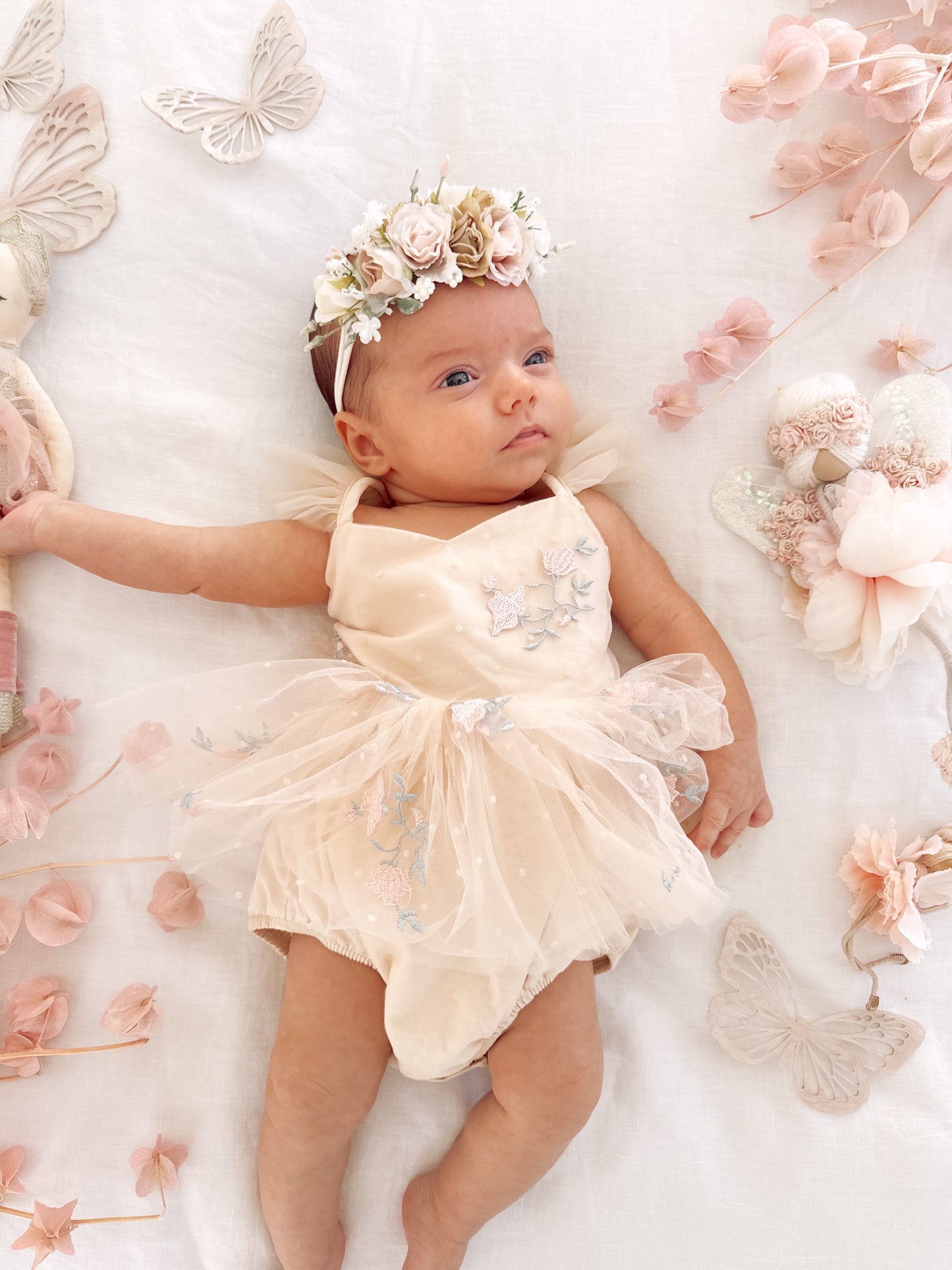 The Rose Champagne Embroidered Baby Girl Tulle Party Romper