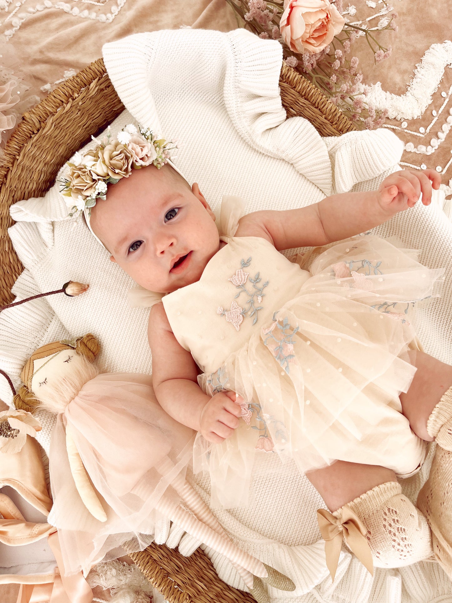 The Rose Champagne Embroidered Baby Girl Tulle Party Romper