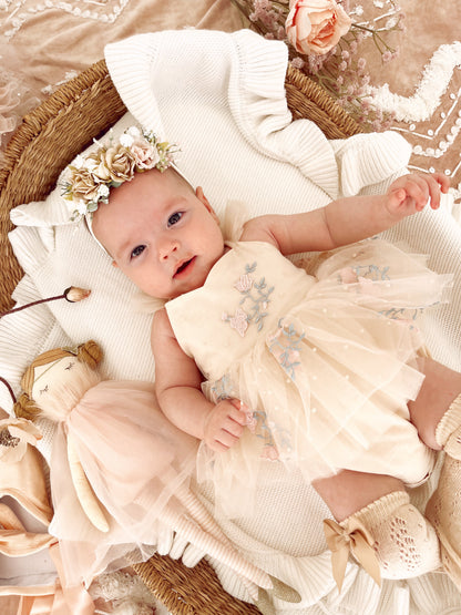The Rose Champagne Embroidered Baby Girl Tulle Party Romper