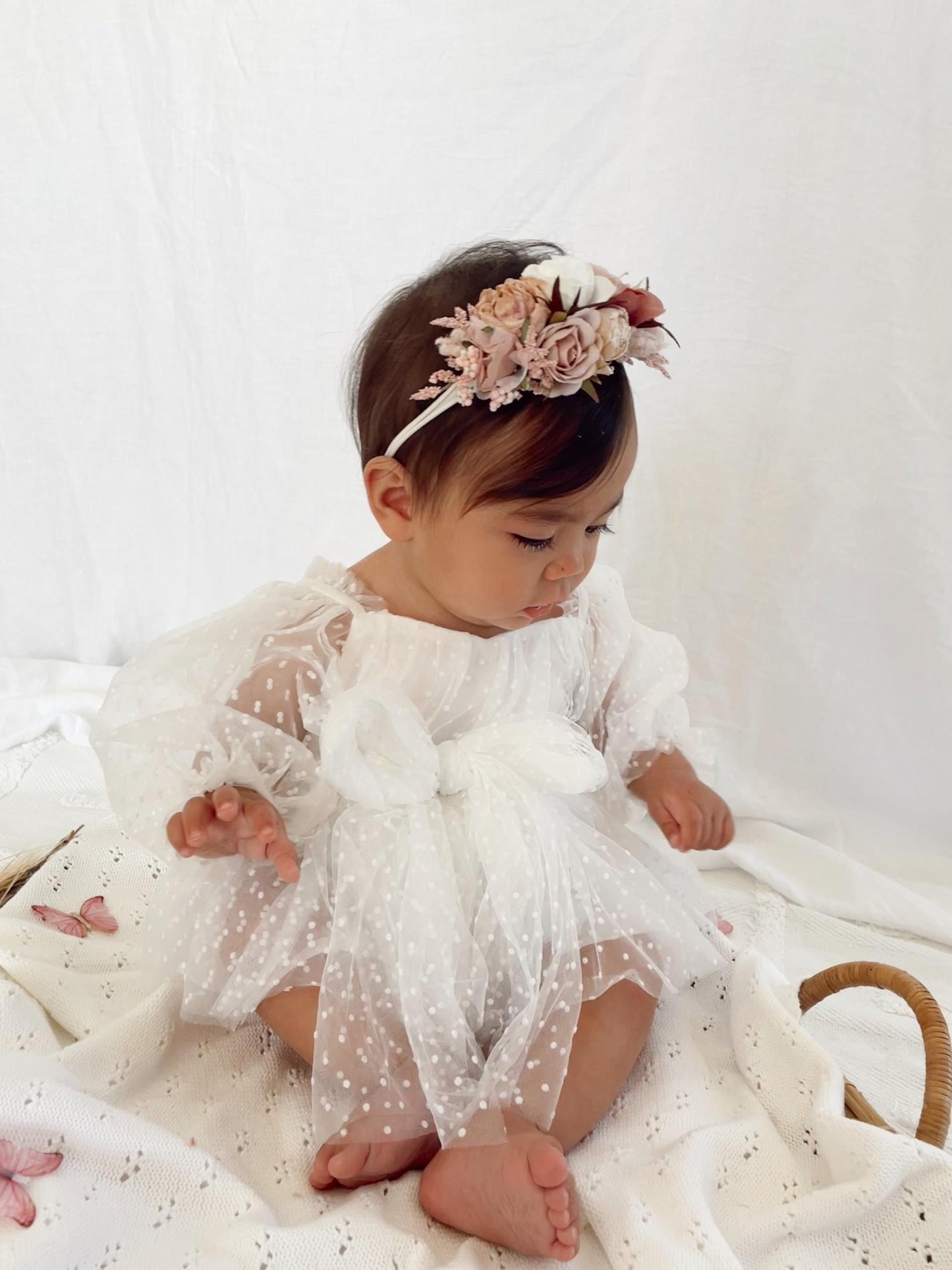 Swiss Dot Bloom White Baby Girl Tulle Romper
