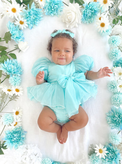 Dolly Turquoise Sky Organza Baby Girl Blue Party Romper