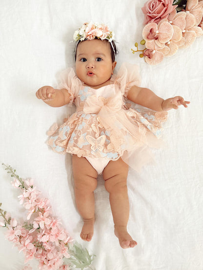 Butterfly Kisses Peach Rose Baby Girl Embroidered Tulle Party Romper