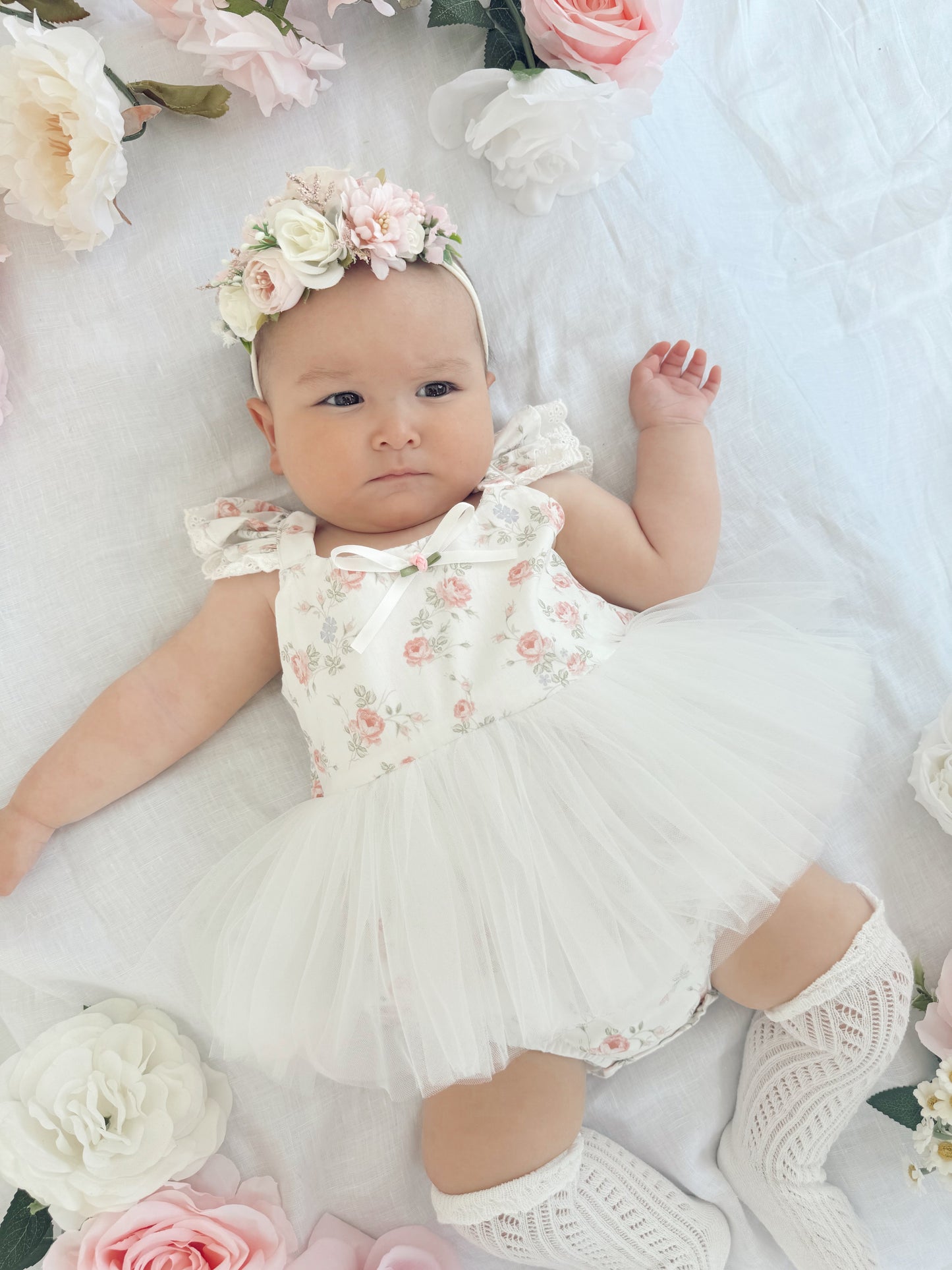 Cottage Fairy Baby Girl Floral White Tulle Party Romper