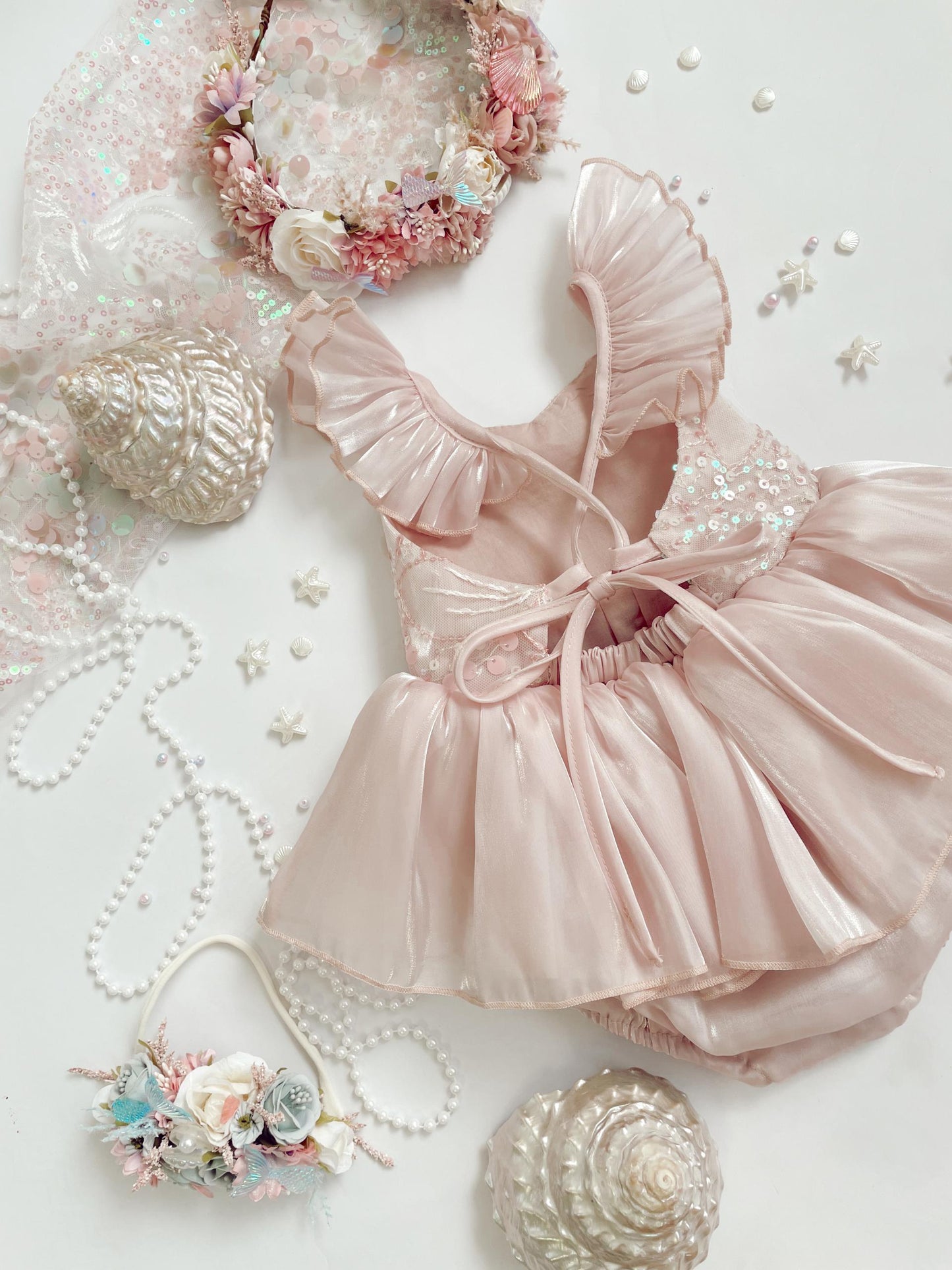 Mermaid Sequin Pink Organza Baby Girl Party Romper