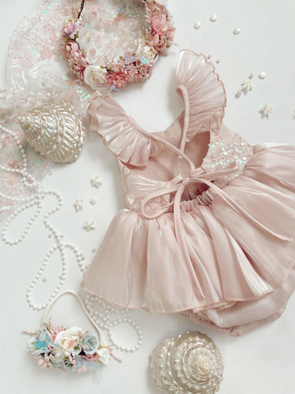 Mermaid Sequin Pink Organza Baby Girl Party Romper