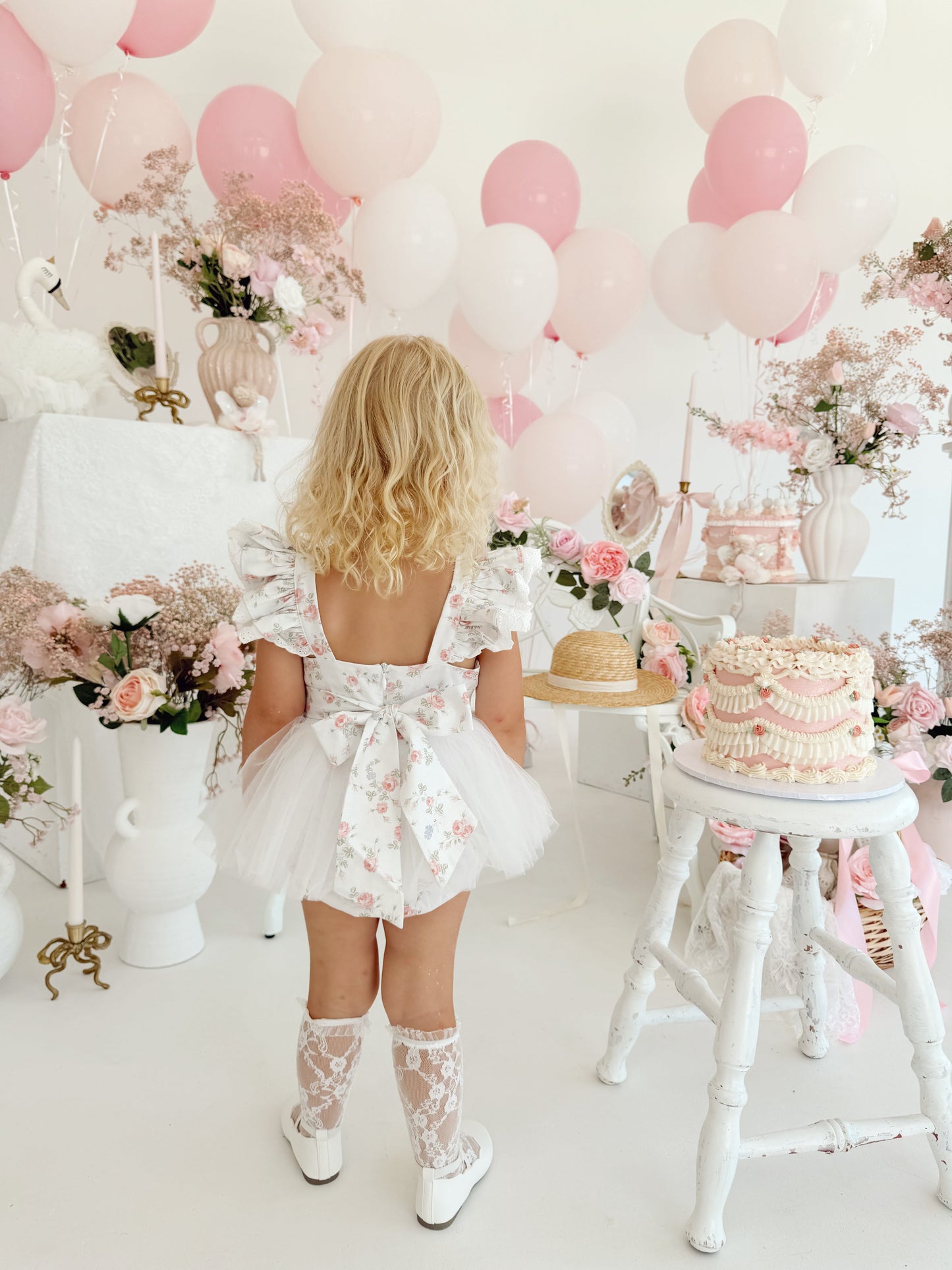 Cottage Fairy Baby Girl Floral White Tulle Party Romper