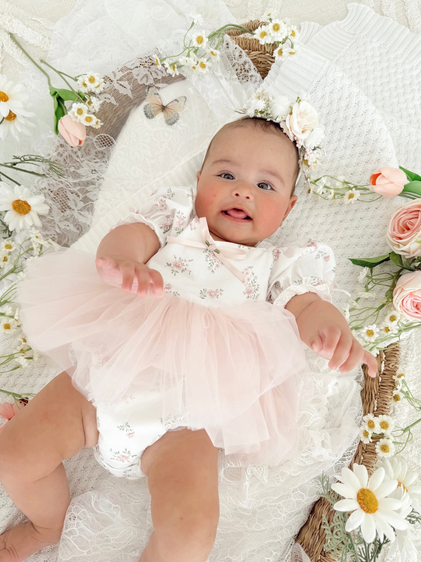 Odessa Flower Perfect Pink Floral Baby Girl Tulle Party Romper