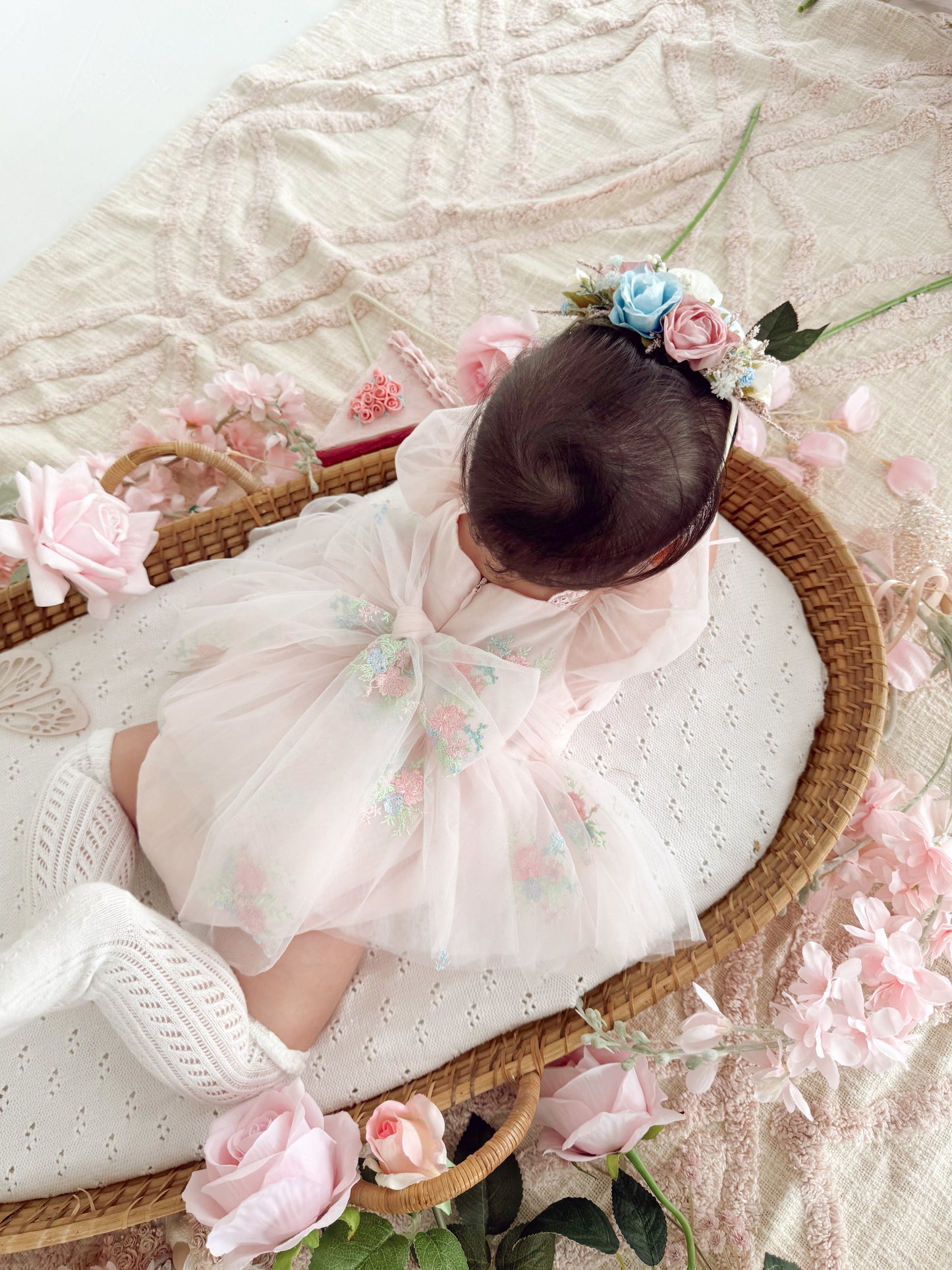 Peony Bloom Petal Pink Embroidered Baby Girl Tulle Party Romper