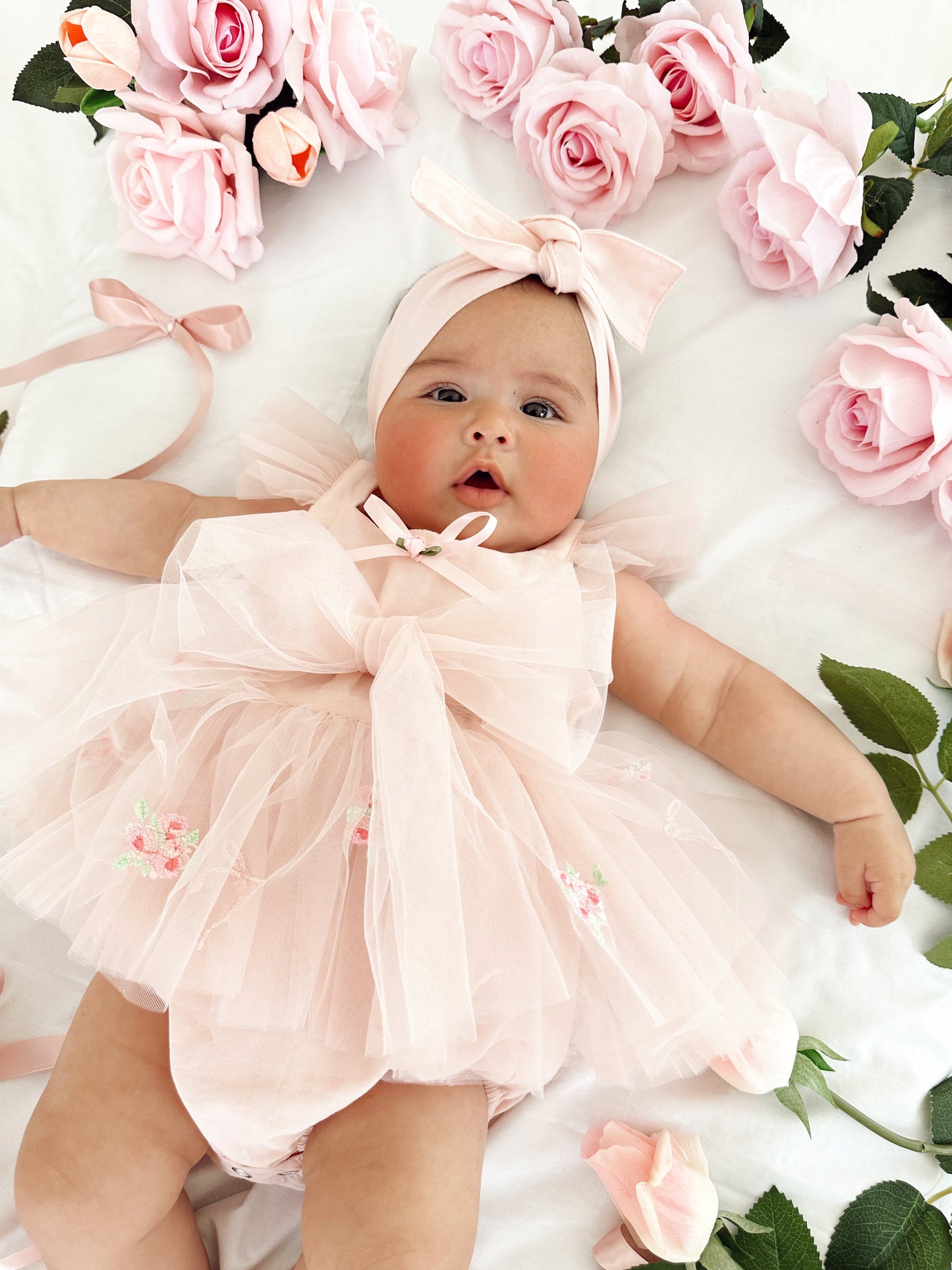 Belle Bow Perfect Pink Embroidered Baby Girl Tulle Party Romper