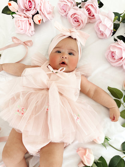 Belle Bow Perfect Pink Embroidered Baby Girl Tulle Party Romper