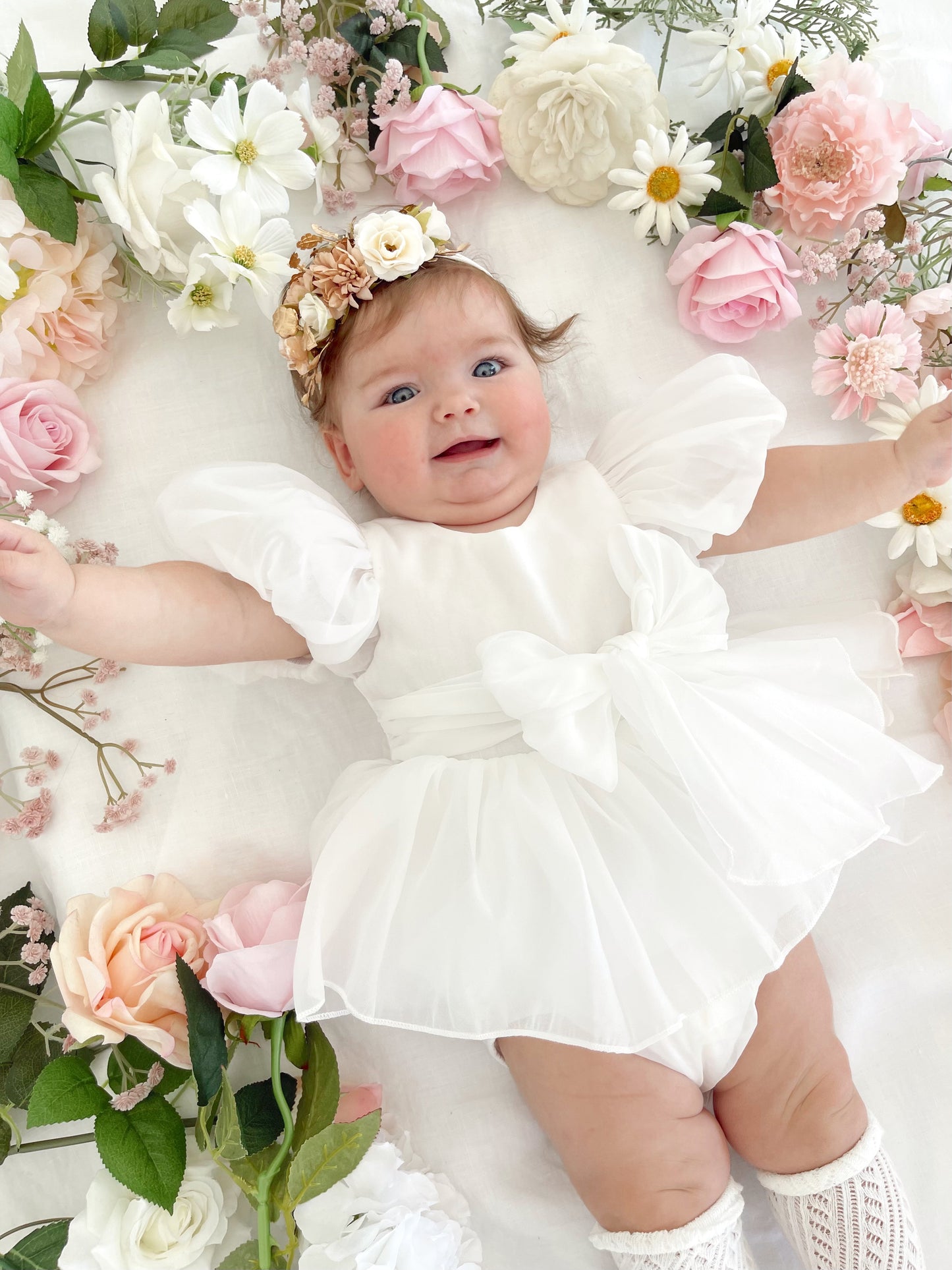 Clementine Matte White Organza Baby Girl Romper