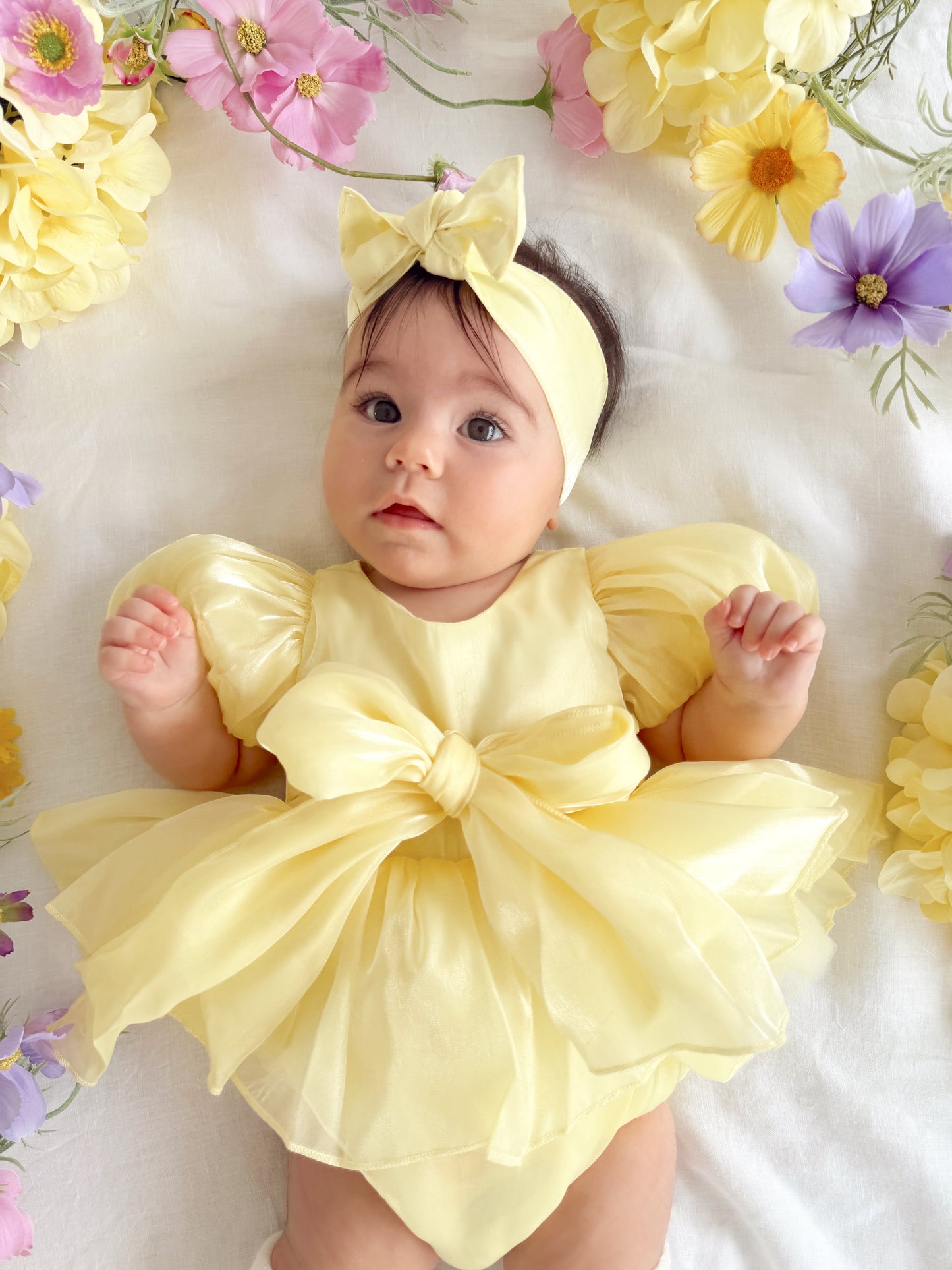 Scarlette Rose Canary Lemon Organza Baby Girl Party Romper