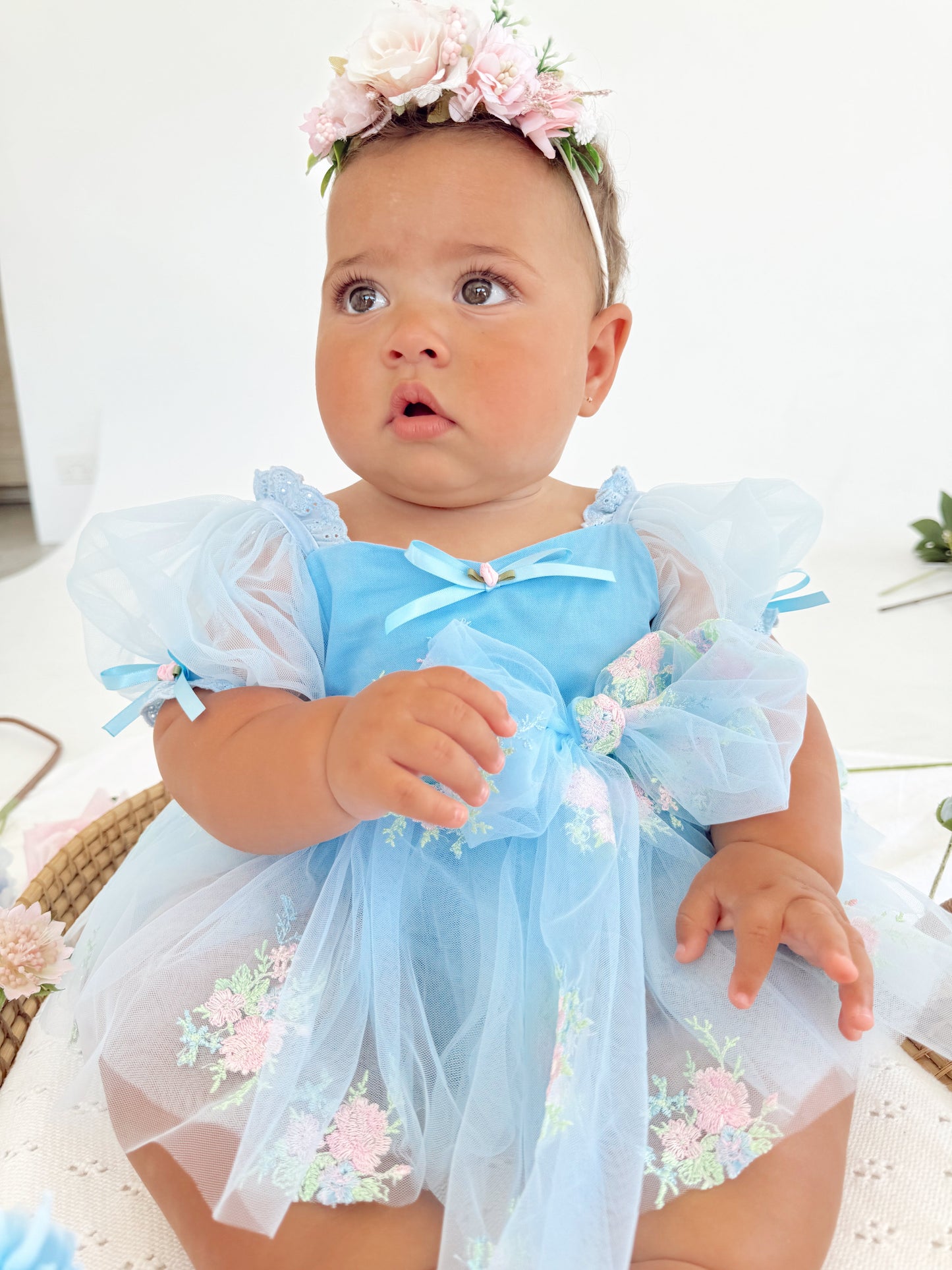 Afina Blue Embroidered Baby Girl Tulle Party Romper