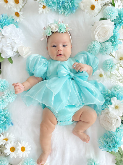 Dolly Turquoise Sky Organza Baby Girl Blue Party Romper