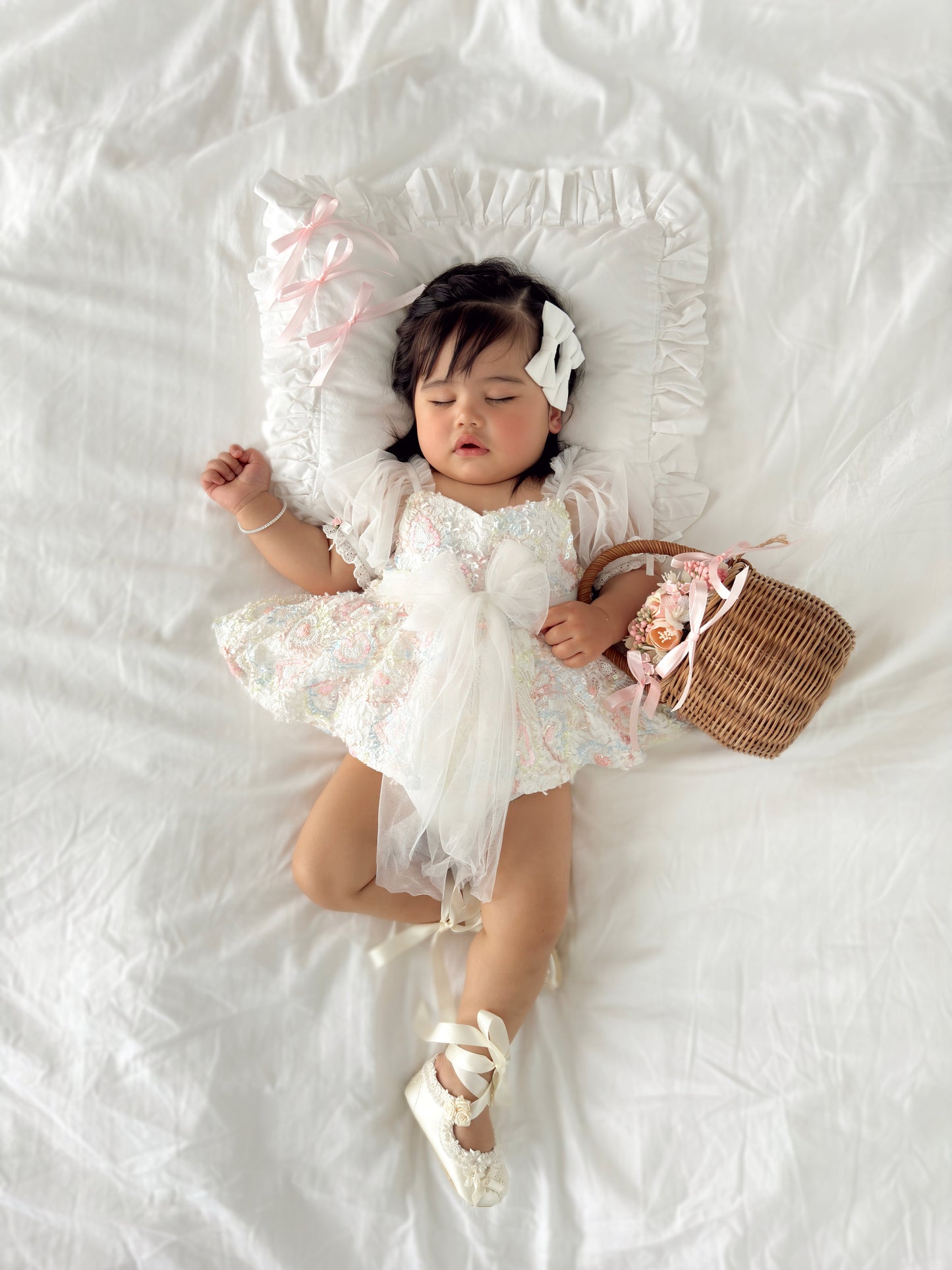 Josephine Lace Blossom Baby Girl Sequin White Tulle Party Romper